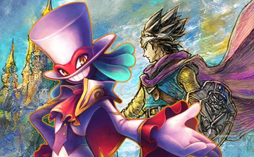 balan wonderworld character standing in front of dragon quest 3 hd 2d remake artwork.