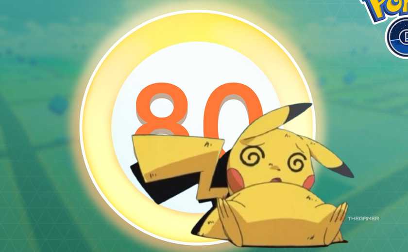 fainted pikachu slumped against a level 80 pokemon go emblem.